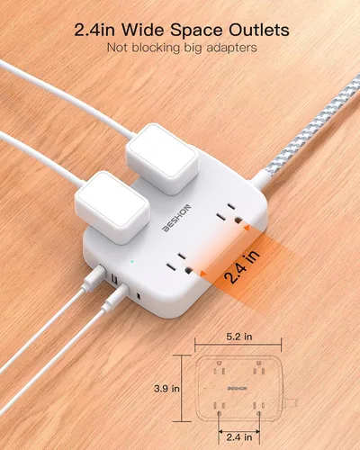 Vista 3 de Cable de Extensión 15 pies, BESHON - Regleta de Alimentación Larga con 2 USB C, Regleta de Alimentación de Enchufe Plano, 4 Salidas y 4 Puertos
