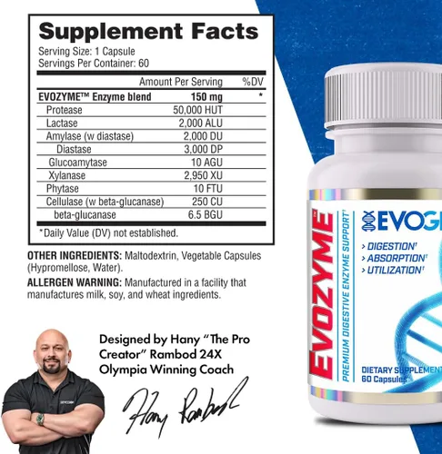 Vista 2 de Evogen Evozyme Digestive Enzymes Salud intestinal 60 Cápsulas Protease, lactase, amylase and lipase to break down proteins, carbs and fats for