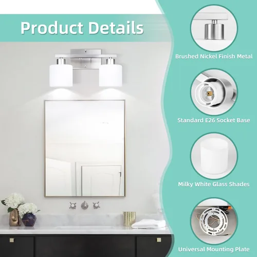 Vista 3 de SILAMPDI Accesorios de iluminación de baño sobre espejo de níquel cepillado, modernas lámparas de tocador de 2 luces, apliques de pared