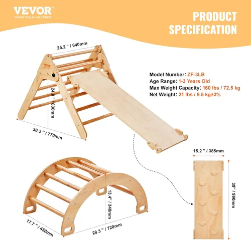 Vista 7 de VEVOR Pikler - Juego de triángulos escalador 5 en 1, juguetes de escalada para niños pequeños plegables en interiores con arco y rampa y escalera