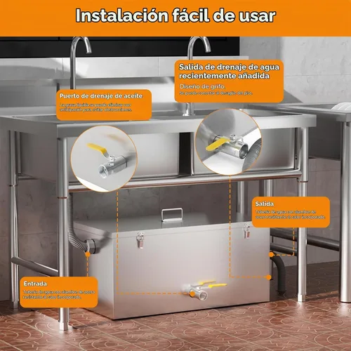 Vista 3 de BEAMNOVA Trampa de grasa comercial, 25 libras, acero inoxidable, entrada