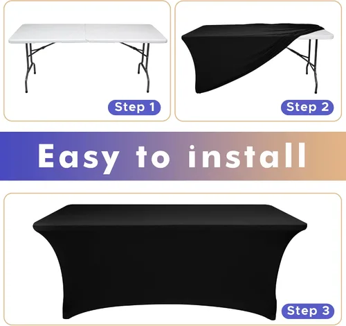 Vista 9 de Nasitos Paquete de 2 Manteles Ajustados de Spandex Negro para Mesas de 4 Pies - Cubierta para Mesa Plegable con Respaldo Abierto, Tela Lavable