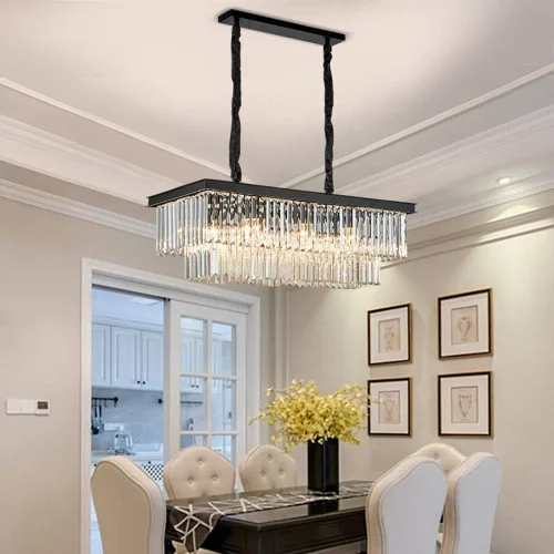 Vista 4 de Lámpara de Araña Moderna de Cristal K9, Luminaria Colgante de Techo Rectangular con 8 Luces para Comedor y Cocina, Acabado en Cromo, L33.5 Pulgadas