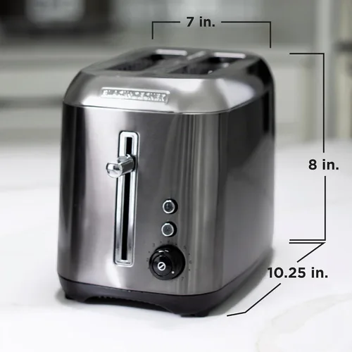 Vista 7 de Black & Decker Tostadora de 2 rebanadas con función de botón de ranura extra ancha, selector de sombra y bandeja de migas abatible, negro/acero