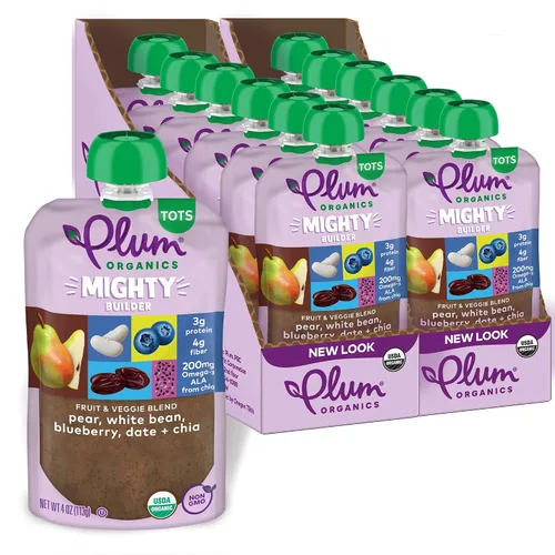 Vista 9 de Plum Organics Mighty Builder Alimento Orgánico para Niños Pequeños - Plátano, Frijol Blanco, Fresa y Chía - Bolsa de 4 oz (Paquete de 12) – Bolsa