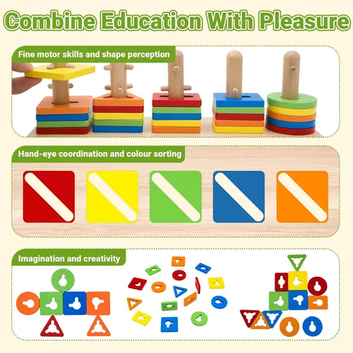 Vista 4 de Montessori - Juguetes apilables de madera para clasificar con reconocimiento de color, bloques de construcción, rompecabezas de formas para niños