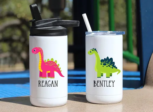 Vista 2 de AVITO Vaso de dinosaurio personalizado, acero inoxidable, aislado al vacío, tapa cerrada de 12 onzas con popote adjunto, botella de agua