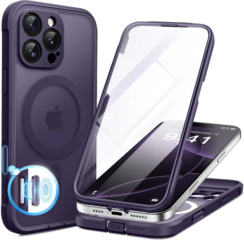 Vista 88 de BERFY Funda para iPhone 17 Pro Max, compatible con MagSafe, protector de pantalla de vidrio integrado, protección de cámara, funda de cuerpo