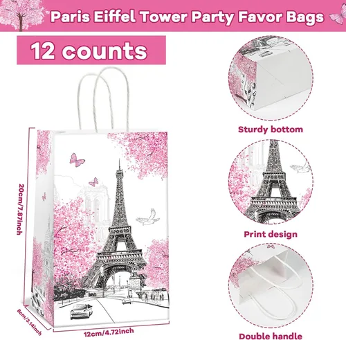 Vista 2 de ZOIIWA 12 bolsas de regalo de la Torre Eiffel de París, bolsas de dulces de primavera rosa de la Torre Eiffel, bolsas de regalo de la Torre Eiffel