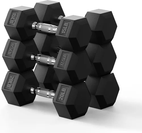 Vista 19 de PAPABABE Juego de mancuernas hexagonales de 45 a 550 libras, mancuernas de gimnasio en casa con revestimiento de goma, mancuernas para mujeres