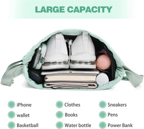 Vista 6 de Mochila con cordón y bolsillo húmedo, mochila de gimnasio resistente al agua, bolsa de cuerda para playa, natación, para mujeres y hombres