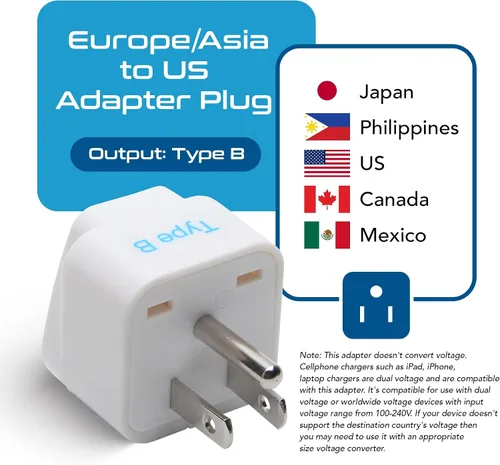 Vista 3 de Ceptics Adaptador de enchufe de Europa a EE. UU., adaptador de enchufe tipo B de EE. UU. compatible con enchufes de Europa, India y otros países. El