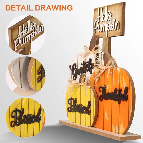 Vista 3 de SY Super Bang Decoraciones de Otoño para el Hogar, Letrero Rústico de Madera Bendecido Agradecido Afortunado de Calabaza para Mesa, Decoración