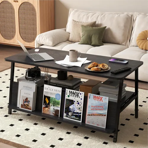 Vista 2 de GOODONE Mesa auxiliar de 2 niveles para sala de estar, mesa de centro pequeña con estante de almacenamiento y estantería, mesa central para sala