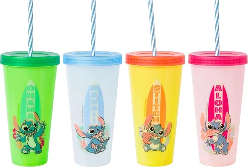 Vista 15 de Silver Buffalo Care Bears Corazones y Estrellas Juego de 4 Vasos de Plástico Cambian de Color con Popotes de Espiral Arcoíris con Tenderheart