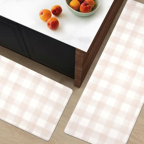 Vista 2 de FRESHMINT Juego de 2 piezas de alfombrillas de cocina estilo granja moderna con cuadros antifatiga para piso, impermeables y antideslizantes Beige