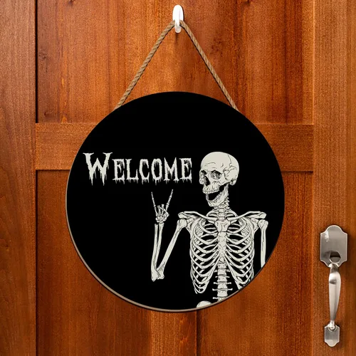 Vista 7 de Decoraciones de Halloween, corona, calavera de Halloween, letrero de bienvenida para puerta, decoración rústica de madera de vacaciones para puerta