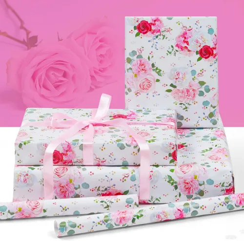Vista 3 de Juego de papel de regalo de boda y cinta para niñas y mujeres, 6 hojas plegadas, diseño de rosa roja y rosa, 20 x 28 pulgadas, papel de regalo