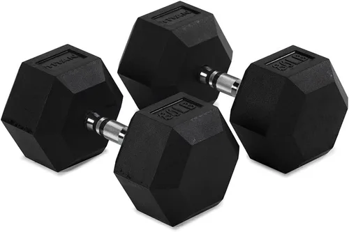 Vista 11 de Titan Fitness Pair Rubber Coated Hex Dumbbells, Roll-Resistant Hexagonal Free Weights, Chrome-Coated Handles with Knurling, Strength Training