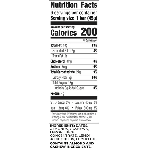 Vista 2 de Larabar Barra de limón, barra vegana de frutas y nueces, sin gluten, barras de 1.6 onzas, 6 unidades 6 ingredientes reales, dátiles, almendras