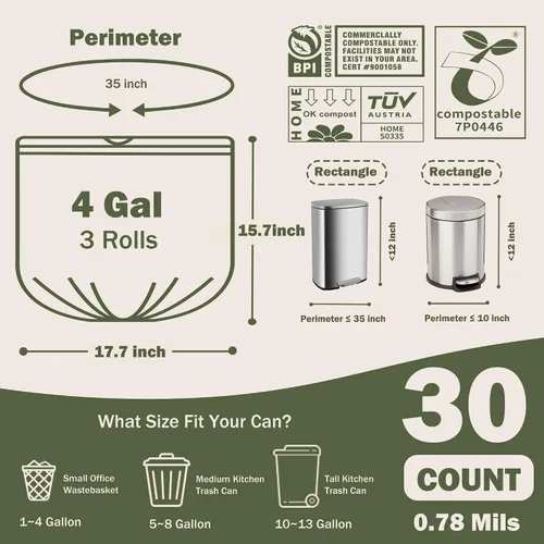 Vista 7 de Bolsas de basura compostables con asa compostable de 4 galones con cordón extra grueso de 0.78 mils, bolsas de desechos de compost de comida con US