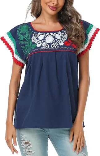 Vista 5 de YZXDORWJ Blusa tradicional colorida de encaje bordado mexicano para mujer, tricolor, camiseta del día de la independencia mexicana