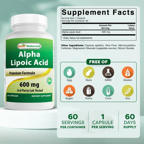 Vista 2 de Best Naturals Ácido alfa lipoico 600 mg 60 cápsulas – ALA Potente antioxidante (60 unidades (paquete de 1))