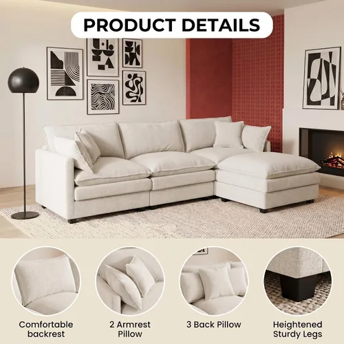 Vista 9 de Sofá modular modular de chenilla Cloud de 102 pulgadas con otomana Beige