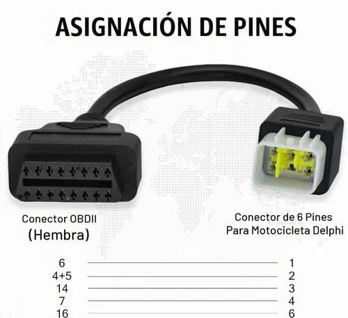 Vista 5 de Adaptador OBD2 apto para Delphi 6pin para Benelli cable de diagnóstico de motocicleta de 6 pines a 16 pines, conector de 6 pines compatible