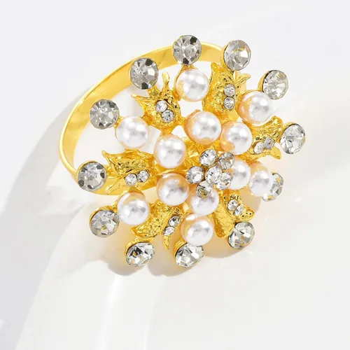Vista 2 de Juego de 12 servilleteros dorados con perlas de diamantes de imitación dorados para cumpleaños y fiesta de boda, reunión diaria, vacaciones