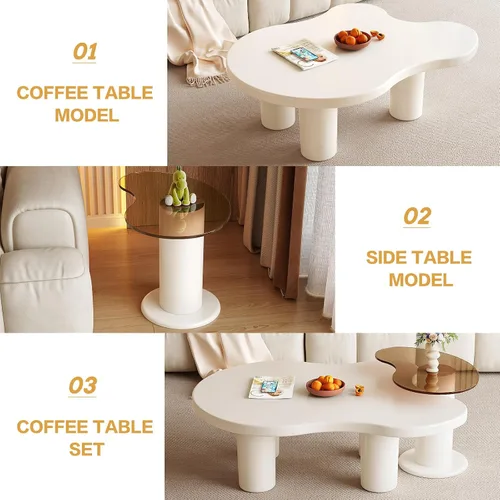 Vista 5 de Guyii - Juego de 2 mesas de centro en forma de nube moderna color blanco crema, juego de 2 mesas auxiliares, mesas de sala de estar con mesa