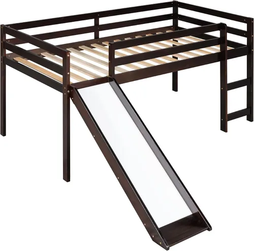 Vista 4 de Cama tipo loft de madera maciza con diseño multifuncional para niños y niñas (espresso)