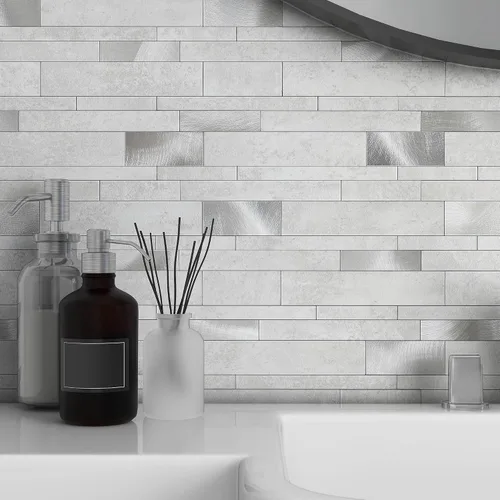 Vista 10 de VAOVI Azulejos autoadhesivos para salpicaduras de cocina, azulejos estilo metro lineal de mosaico de piedra para baño, pared de ducha impermeable