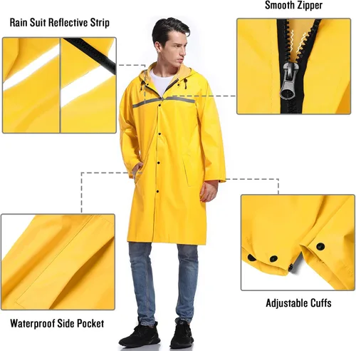 Vista 3 de Chaqueta de lluvia de seguridad larga con capucha para hombre, impermeable, poncho de emergencia