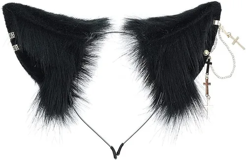 Vista 13 de VIGVAN Accesorios de orejas de gato para cosplay, punk, gótico, cruz, orejas de gato, pinzas para la cabeza Negro