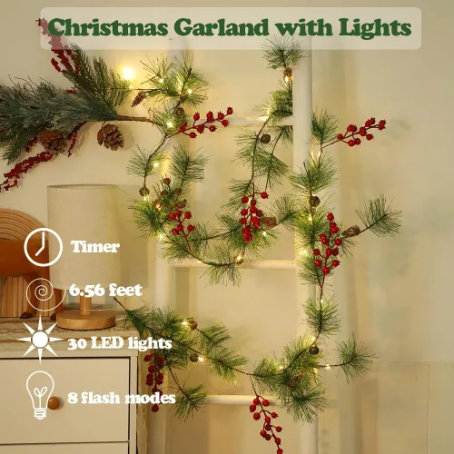 Vista 2 de Guirnaldas de Navidad ChiRee de 2.00 m con 30 luces LED, guirnaldas de pino ahumado con luces, funciona con pilas, guirnalda de conos de pino