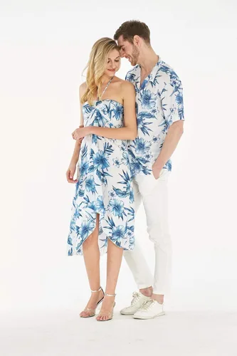 Vista 2 de Conjunto de traje de fiesta hawaiana Luau a juego para parejas, vestido camisero en color negro Rafelsia, Negro Rafelsia