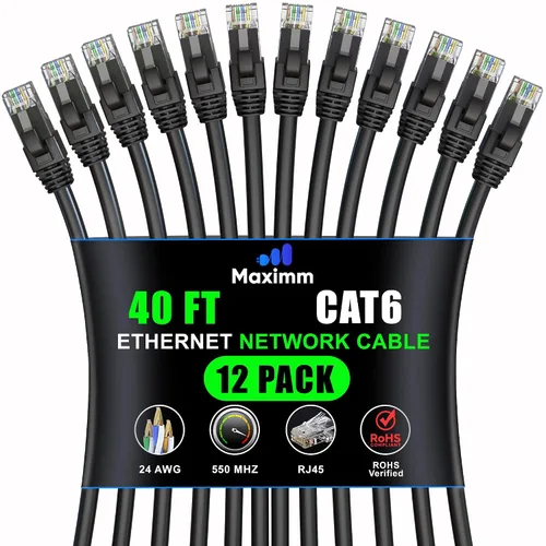 Vista 32 de Maximm Cable Ethernet Cat6 de 7 pies, 10 Gbps 550 MHz, negro, paquete de 12