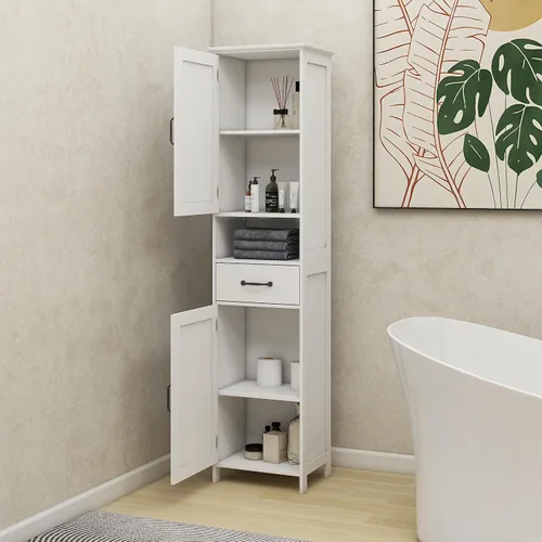 Vista 7 de Locsear Armario de almacenamiento alto para baño, armarios de baño blancos independientes, armario de almacenamiento estrecho con estantes