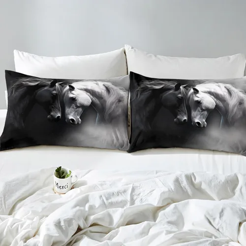 Vista 4 de Erosebridal Juego de cama de caballo para niñas, niños y parejas, sábana bajera ajustable de caballos blancos y negros, tamaño individual, diseño