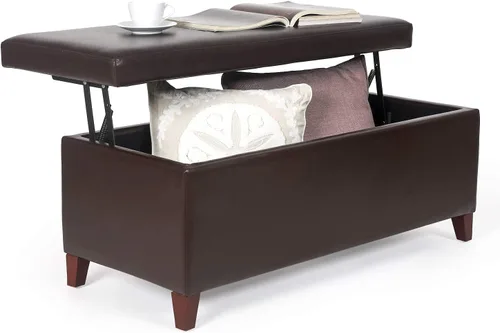 Vista 12 de Adeco Otomana de almacenamiento, banco tapizado rectangular de piel sintética con patas de madera, reposapiés, mesa de café para sala de estar Negro
