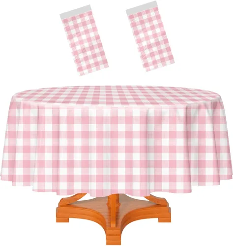 Vista 35 de HEIPINIUYE - Paquete de 2 manteles redondos de 84 pulgadas de plástico beige, manteles de mesa impermeables desechables para redondas, ideales