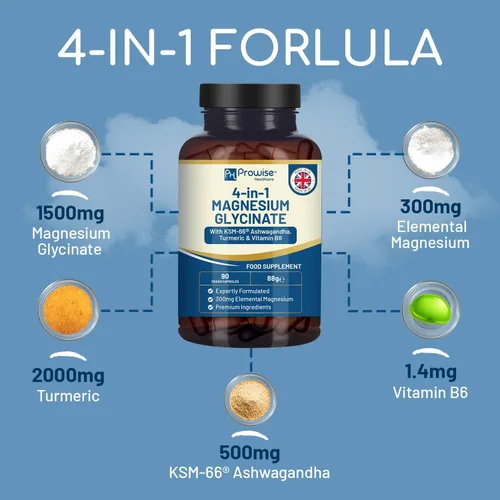 Vista 2 de Glicinato de magnesio 4 en 1 añadido con Ashwagandha KSM-66, cúrcuma y vitamina B6 90 cápsulas veganas 4,001 mg por porción Cápsula fácil