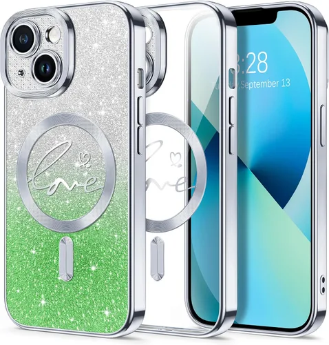 Vista 183 de Hython Funda para iPhone Air con purpurina, compatible con MagSafe Love Heart fundas magnéticas transparentes para teléfono para mujeres y niñas