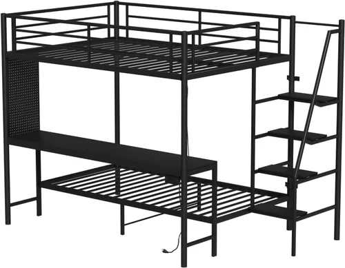 Vista 10 de KEIKI Litera Full sobre Twin con Estación de Carga, Cama Alta de Metal con Escritorio & Protector de Seguridad & Escaleras, Marco de Cama de Metal