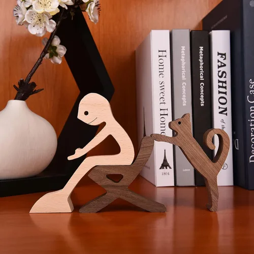 Vista 3 de ISHINE Escultura de madera para hombres y gatos, figuras de animales hechas a mano, decoración de madera, figura coleccionable para oficina en casa