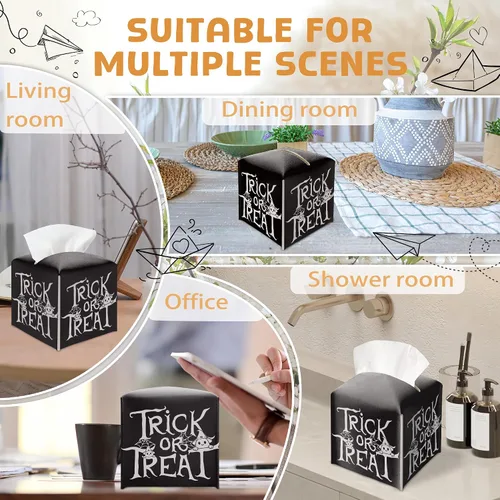 Vista 5 de Soporte para caja de pañuelos de Halloween con tapa cuadrada de cuero negro, organizador de papel facial, dispensador de papel higiénico para baño