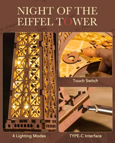 Vista 6 de Rowood Torre Eiffel, kits de modelos de rompecabezas 3D para adultos, rompecabezas de madera 3D DIY para adultos, juego de construcción con LED