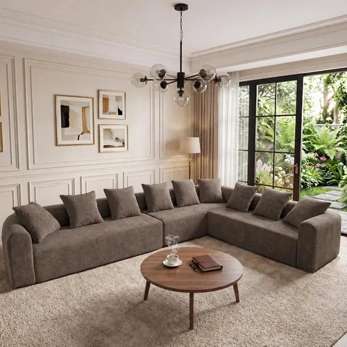 Vista 15 de Claiks Sofá modular deshuesado de 123 pulgadas, sofá en forma de L para sala de estar, sofá moderno de asiento profundo de 3 plazas, tela de Gris