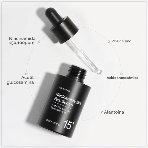 Vista 4 de TOSOWOONG Suero facial de niacinamida al 15%, niacinamida de 150,100 ppm, ácido tranexámico, corrector de manchas oscuras, piel de vidrio, tez
